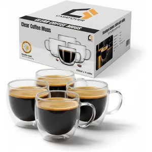 Double Walled Coffee Cups Glasses Mugs 9oz Set of 4 | Heat Resistant Borosilicate Clear Glass Espresso Latte Cappuccino  Cups with Handle | Insulated Glass Coffee Mugs Ideal for Gifting