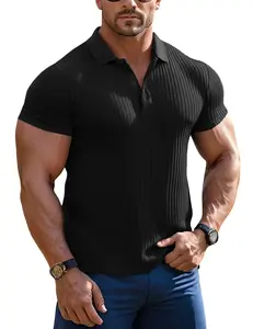 Muscle Cmdr Men's Knit Polo Shirts New York Fashion Week Men's Polo Shirts Short Sleeve Ribbed Knit Polo T Shirts Fashion Casual Golf Shirts FabricMenswear Classic Summer Lightweightal Golf Shirts