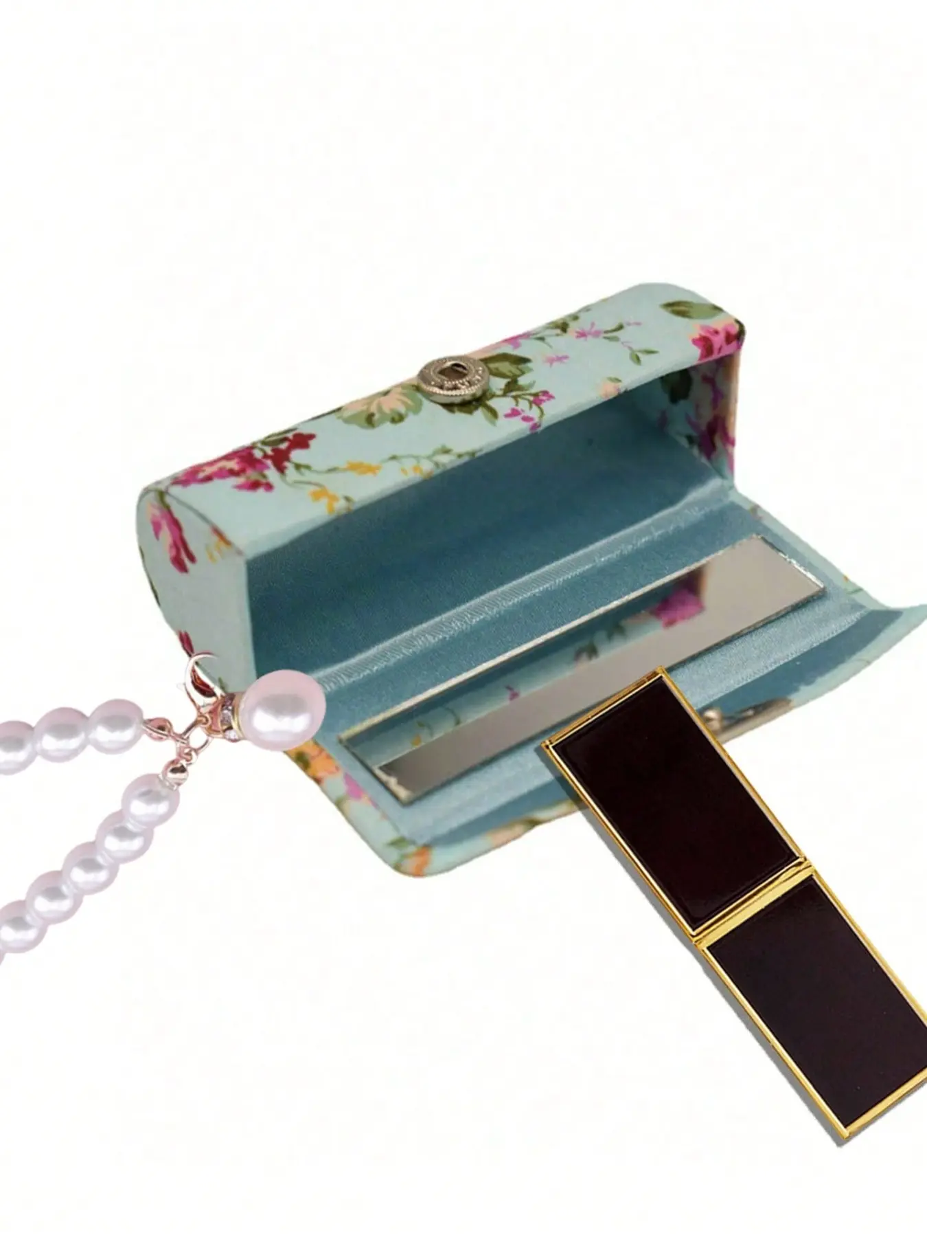 Retro Floral Lipstick Case for Ladies, with Mirror and Pearl Pendant - Foldable Cosmetic Storage Bag, the Perfect Gift for Women - Elegant Folding Design, Convenient for Carrying Lipsticks, Storing Lipsticks and Small Items,