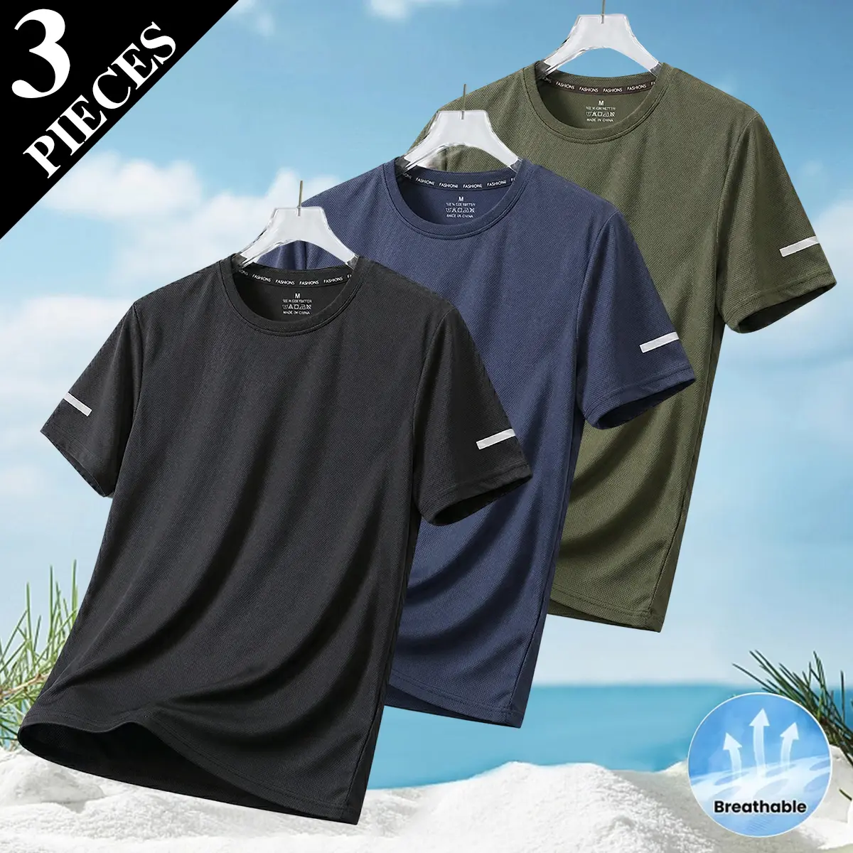 Men's Plain Short-Sleeve Quick-Dry Polyester Tee with Sleeve Reflective Stripes - Lightweight, Barely-There Breathable Athletic Safety Top for Night Workout, Running & Outdoor Fitness