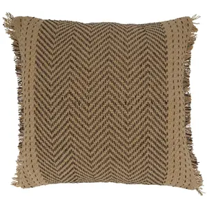 212 MAIN 100% Cotton Kantha Stitch Fringed Edge Square Poly-Filled Pillow, 22 in., Natural Chevron Print, Eastern Vibe Bedroom Decorative Accessories