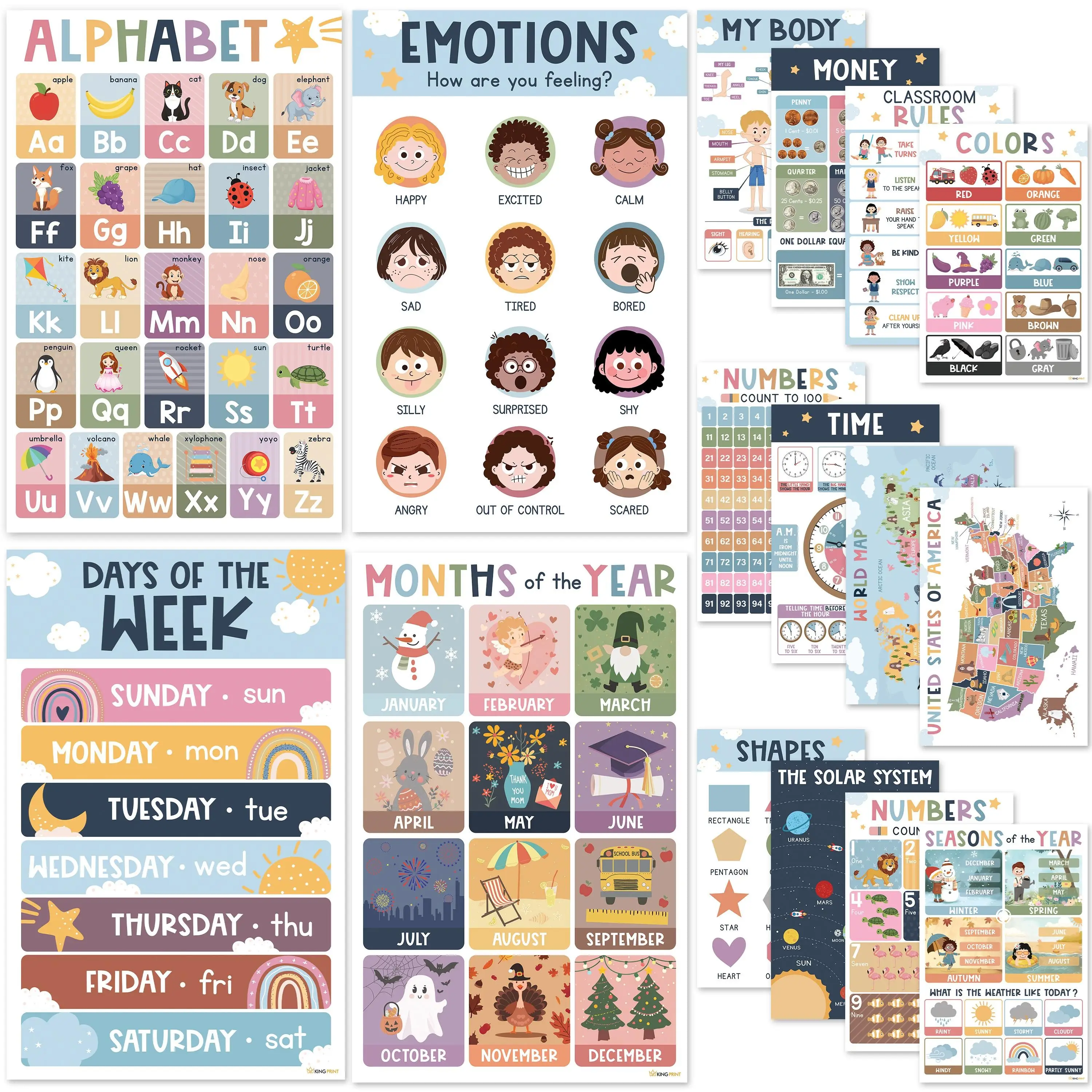 Educational Posters for Preschoolers, 16 Laminated Charts 11x17 Inches Adhesive Stickers Board for Toddlers Learning Tools Homeschool Classroom Suppli