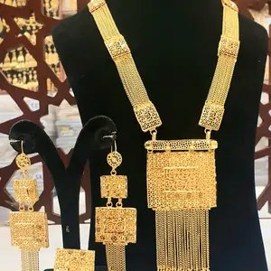 Long Arabic Design Gold Plated Necklace Set with Intricate Filigree and Tassel Accents for Elegance