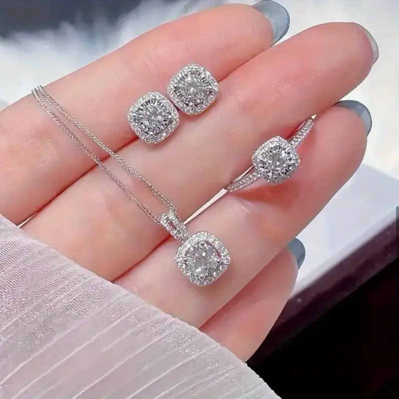 Elegant Sparkling Rhinestone Pendant Necklace Earrings Ring Jewelry Set with Sparkling Rhinestones and Elegant Design in Silver Finish