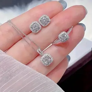 Elegant Sparkling Rhinestone Pendant Necklace Earrings Ring Jewelry Set with Sparkling Rhinestones and Elegant Design in Silver Finish