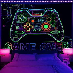 Blacklight Game Wall Tapestry for Men Boys, UV Reactive Techno Gamepad Black Light Posters, Game Room Wall Hangings Decor 60X40in  Decoration Neon Gift Colorful