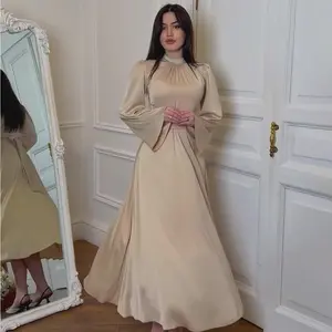 Women's Elegant Empire Waist Long Sleeve Satin Maxi Dress