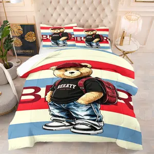 Handsome teddy bear printed pattern bedding set, including 1 blanket and 1 or 2 pillowcases without pillowcases, soft children's or adult bedroom decoration gift