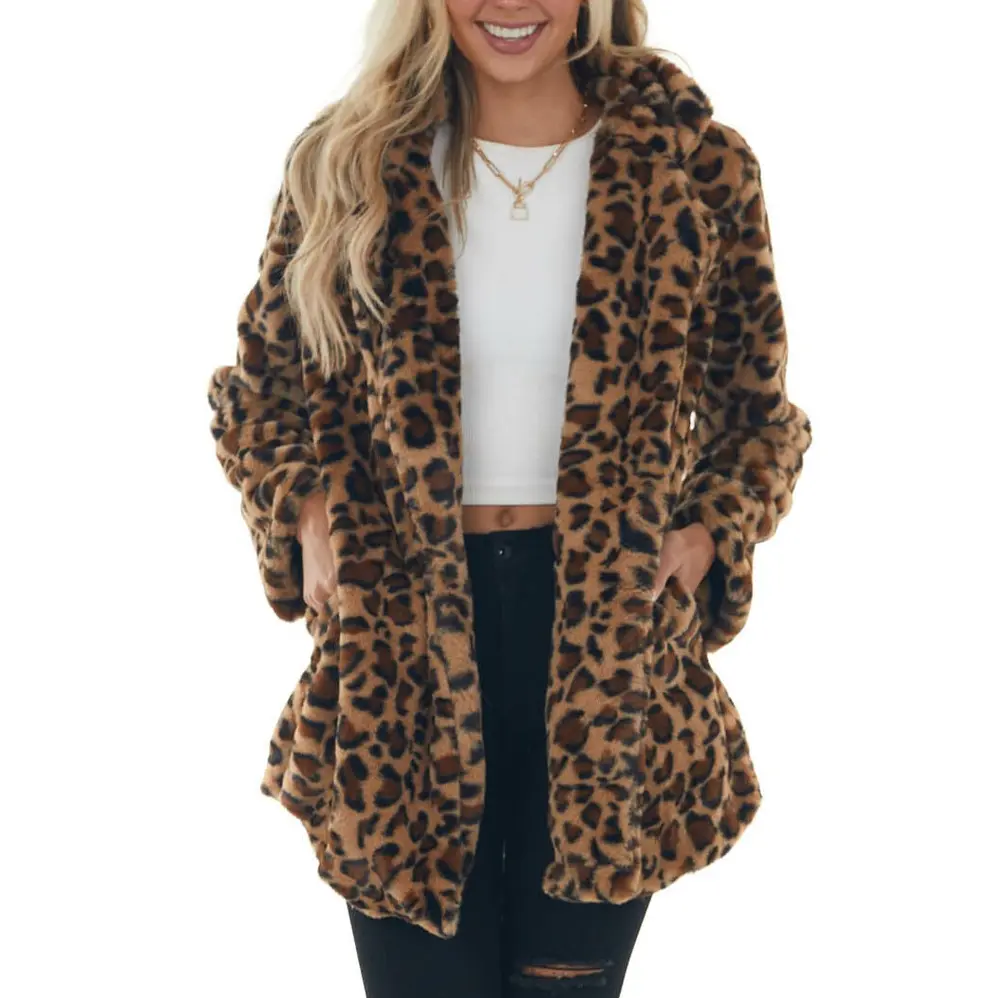 Leopard Print Faux Fur Long Coat for Women, Casual Full Sleeve Outerwear with Pockets, Elastane, and Button Closure, Polyester, Fitted, Longsleeves, Full Sleeves, Polka Dot, Dry Clean, Fur & Faux Fur Jacket