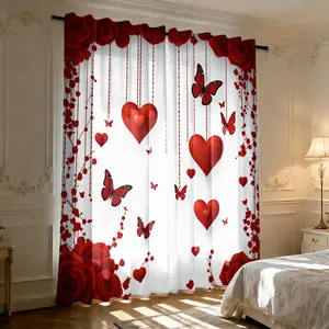 Valentines Day Red Rose Heart Sheer Curtains, 90GSM Light Filtering Privacy Drapes, Rod Pocket Window Treatments for Bedroom, Living Room, Apartment