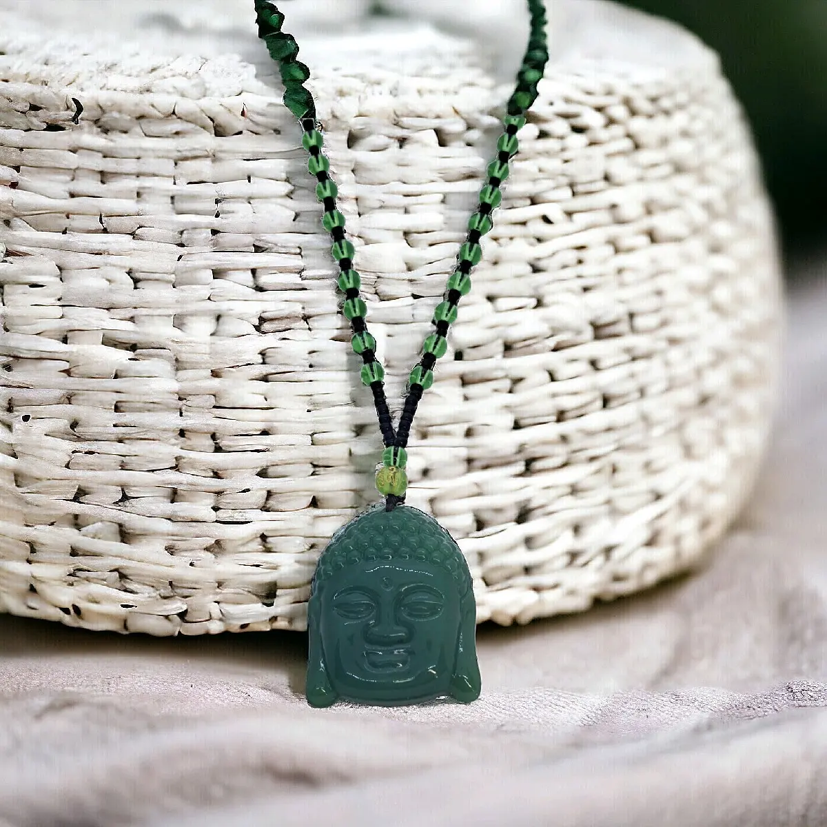 Green jade buddha head beaded pendant necklace