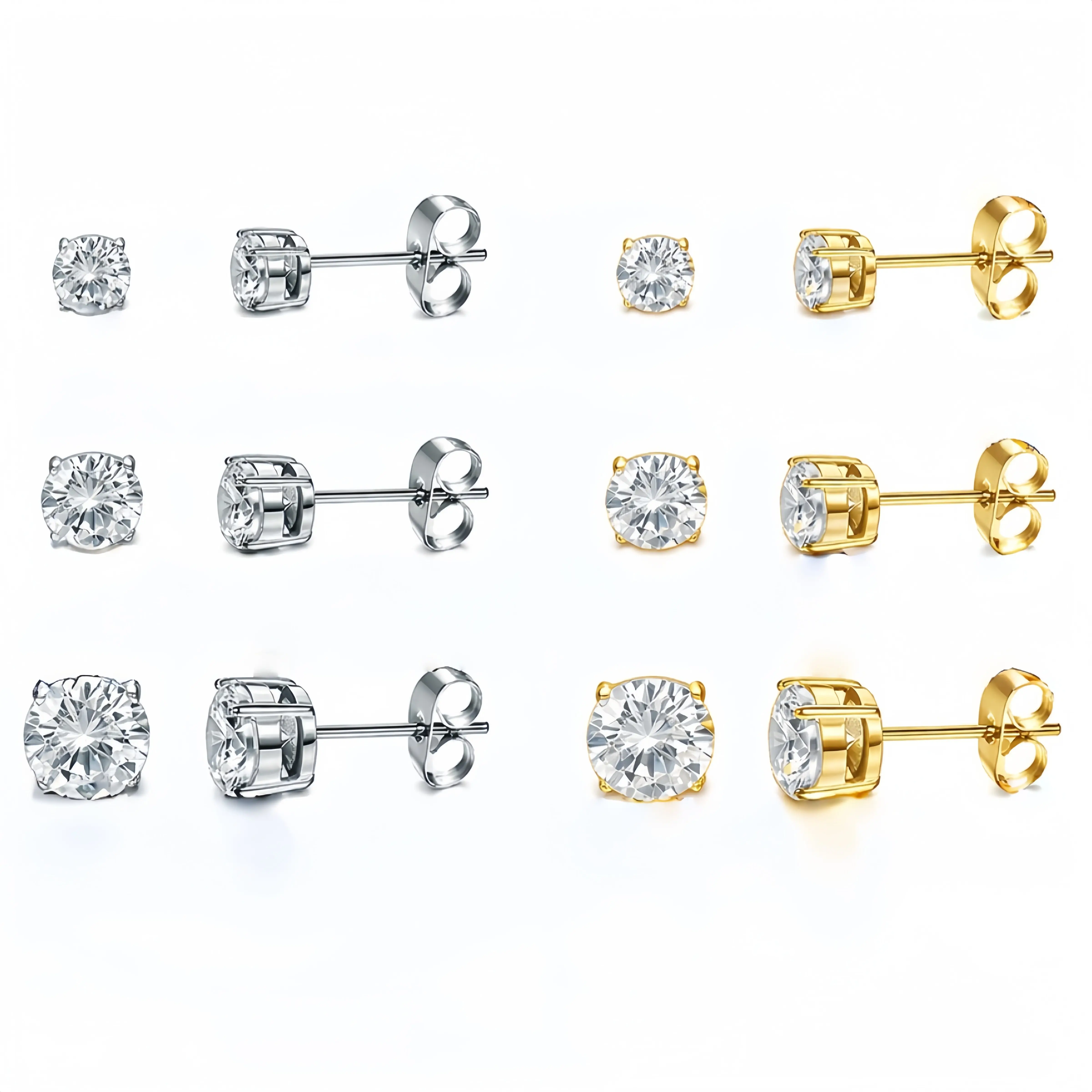 3 Pairs-14k Gold-Plated 5/6/7MM Solitaire Four Prong Earrings Butterfly Back Lab-Created CZ Stud Earring S925 Sterling Silver Moissanite Jewelry Perfect Birthday Mother’s Day Christmas Gift for Men Women Wedding Set Round aretes elegantes party daily wear