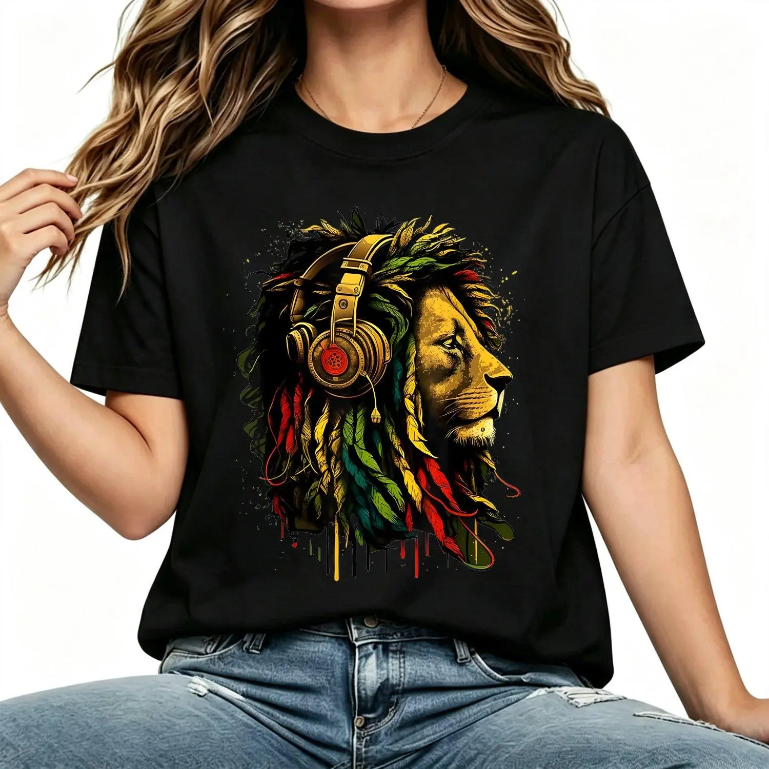 Womens T shirts Rasta Reggae Music Headphones Jamaican Pride Lion Of Judah Graphic Pattern Stylish Casual Tee Shirt