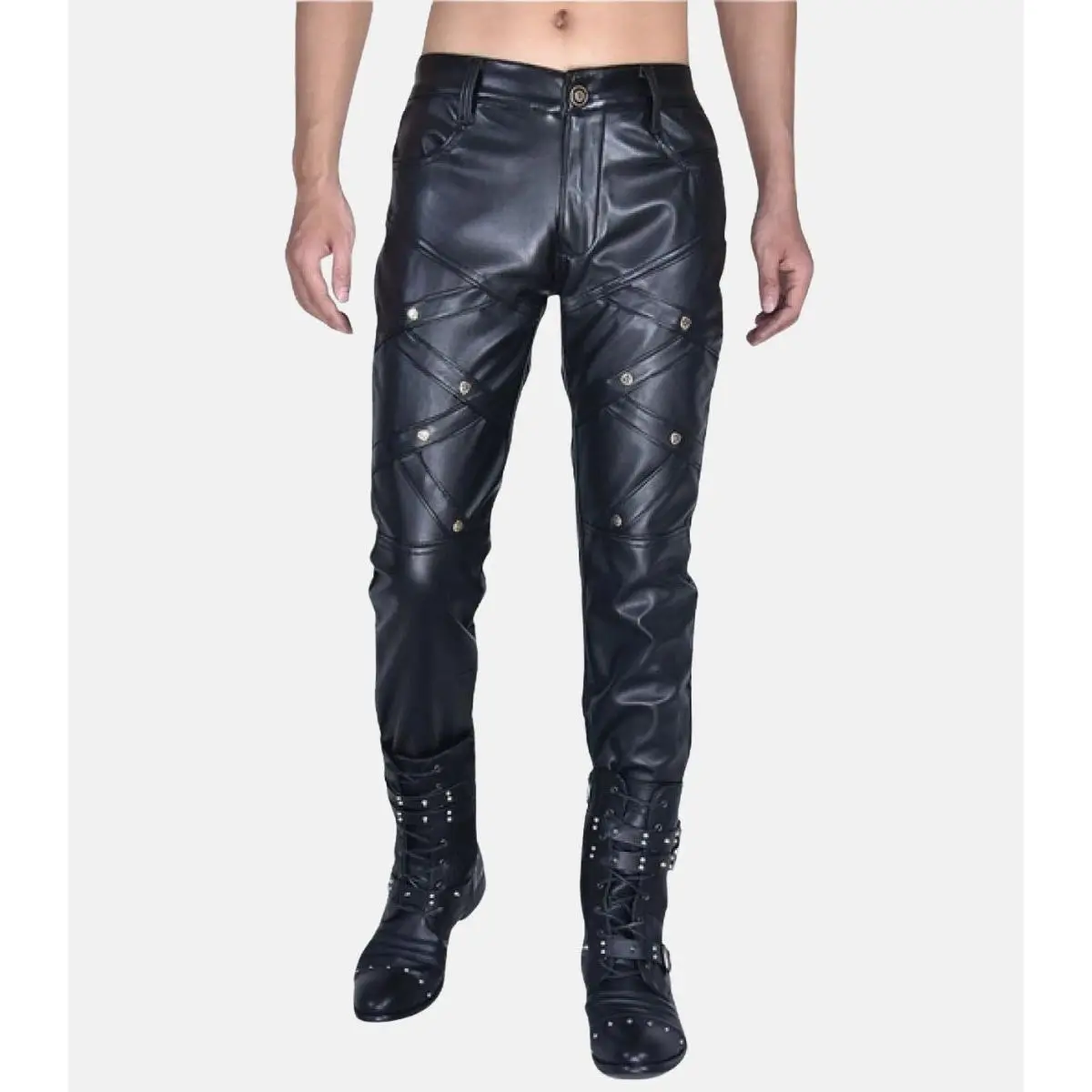 Men's Casual Black Leather Pants For Nightclub Wear