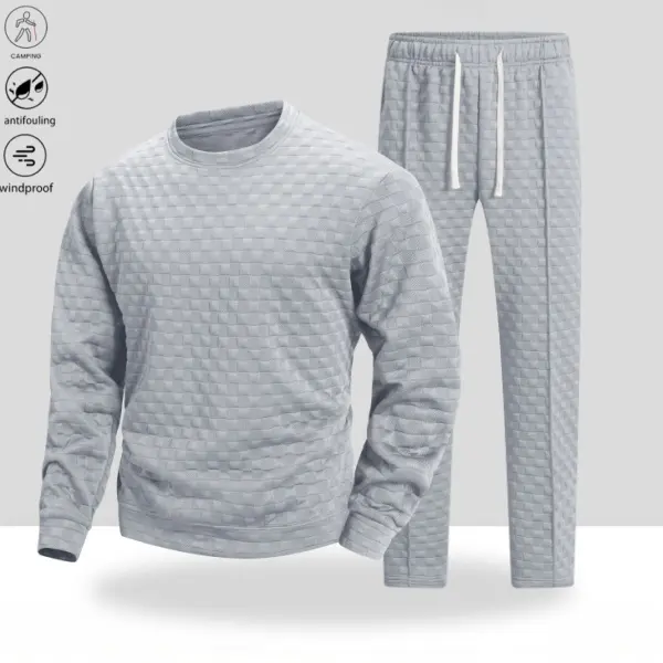 Men’s two-piece set featuring a 3D checkered crewneck sweatshirt and straight-leg pants; premium feel with a minimalist design—ideal for commuting. The inner lining is soft and skin-friendly, comfortable for extended wear and less likely to cause discomfo