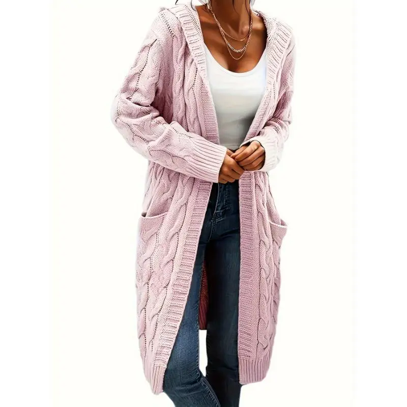 Open Cable Knit Hooded Cardigan, Casual Long Sleeve Midi Sweater With Pockets, Women's