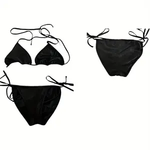 Women's two-piece triangle bikini set with spaghetti straps, featuring tie-side bottoms, sexy swimsuit, bathrobe