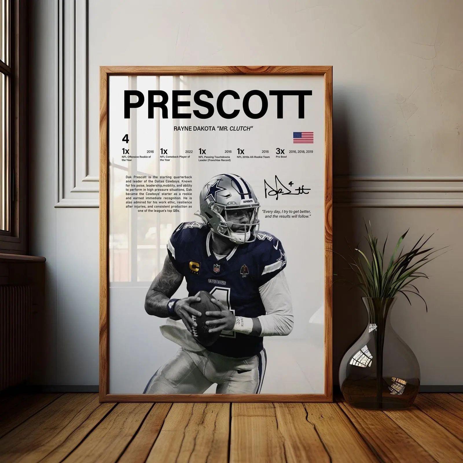 Dak Prescott Satin Hanging Paper Poster, Dallas Cowboys Quarterback Wall Art Print, NFL Football Fan Room Decor Gift, UNFRAMED Sports Man Cave Accent