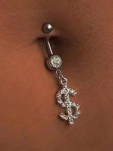 14g Silver Dollar Sign Design Belly Button Ring, Cute Stainless Steel Belly Piercing Jewelry for Women, Trendy All-match & Exquisite Jewelry for Birthday Gift, Fashion Body Jewelry