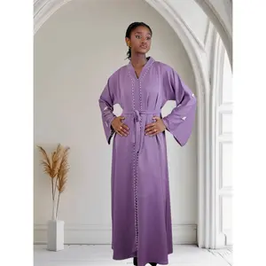 Ayesha's Pearl Abaya Dusty Mauve V-Neck Nida Fabric Open-Front with Buttons Pearl Detailing Free Size 56-58 Inches Matching Belt Ideal for Formal & Casual Wear