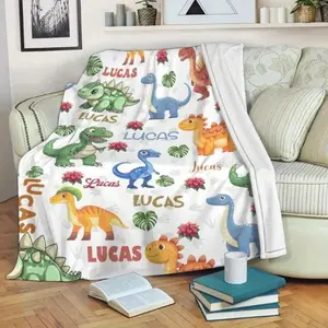 [Custom]Custom Name Personalized Flannel Blanket, Cartoon Dinosaur HD Print, Lightweight Throw Blanket, Suitable For Sofa, Bed, Travel, Living Room, Office, Sofa And Bed- Digital Print, Soft And Warm Fabric, Perfect Gift For Family