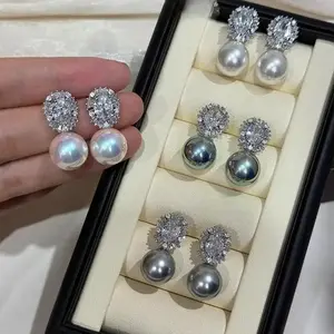Classic Princess Diana Style 12mm Pearl Stud Earrings for Women Sparkling Zircon Crystal Surround Luxury Earrings Wedding  Gift