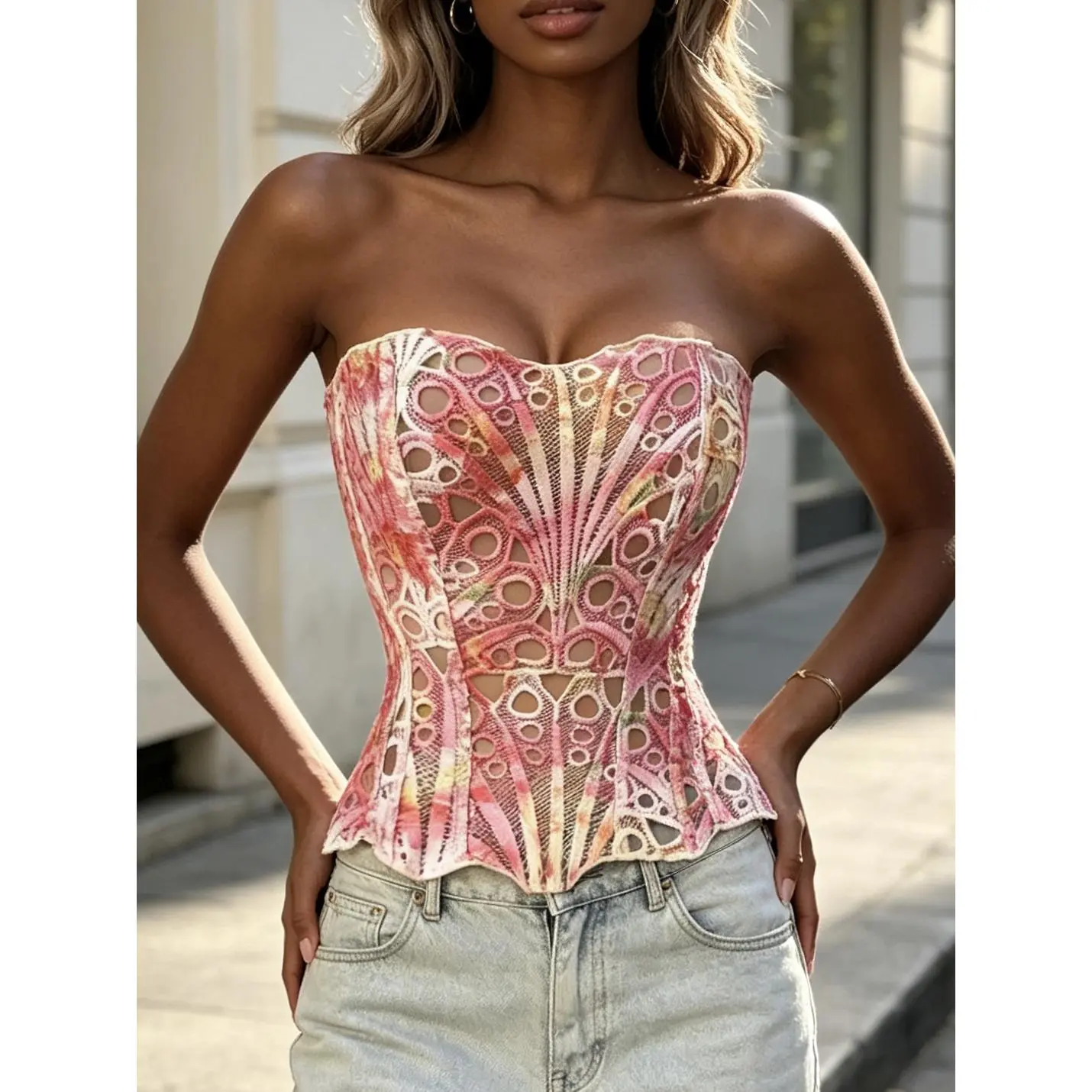 Strapless Hollow Floral Lace Boxy Corset Boned Waist Shaper Sweetheart Cropped Bustier Women Party Daily Layering Top