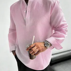 Men's Half Placket Shirt Textured Linen Mandarin Collar Lightweight Breathable Long Sleeve Resort Top Relaxed Fit For Vacation Party Office Wear Unique Casual Gift For Him Blue Shirts Men - Wetsuit, Menswear