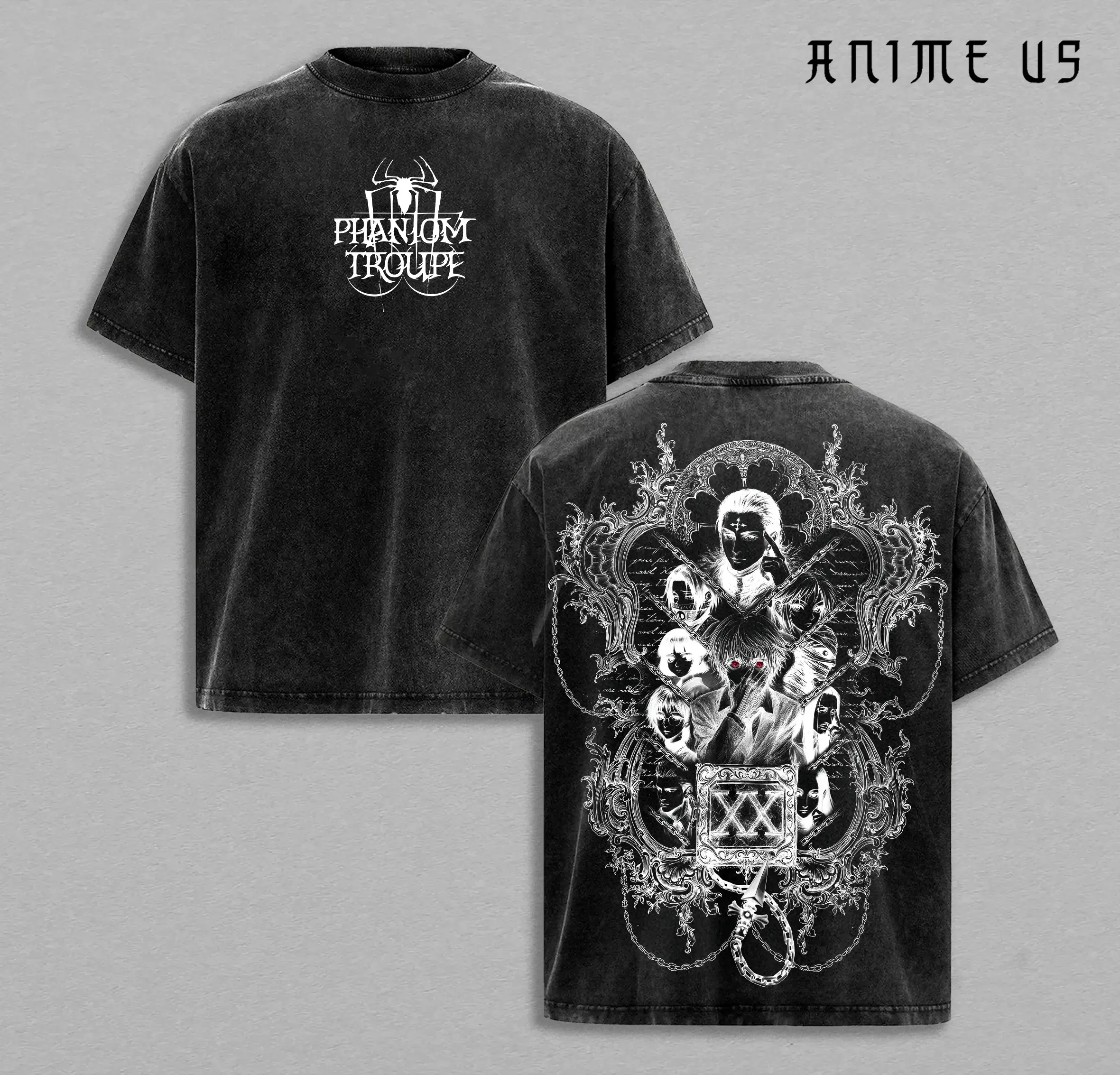 Phantom Troupe - Hisoka - Chrollo - Shizuku - Kurapika Top Hunter x Hunter Oversized T-Shirt, Genei Ryodan Spider Clan Graphic Tee, Vintage Washed Anime Streetwear Shirt Anime Streetwear