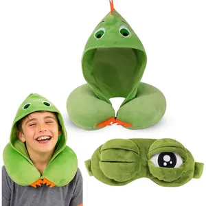 Pillow with Hood and Eye Mask for Kids - Travel Neck Support, Soft Comfort Set for Children, Cute Green Design, Cozy Rest Anywhere 21 x 7.5cm