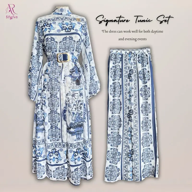 AR Styles - Signature Tunic Set with Long Sleeves, Belt, and Matching Pants, Blue and White Patterned Design Women's Eid