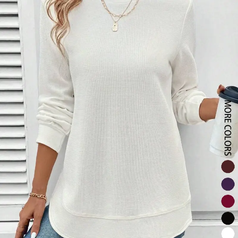 Women's Plain Round Neck Waffle Texture Sweatshirt, Casual Loose‑Fit High‑Low Hem Knit Pullover Top for Fall & Winter Seasons, Knitwear