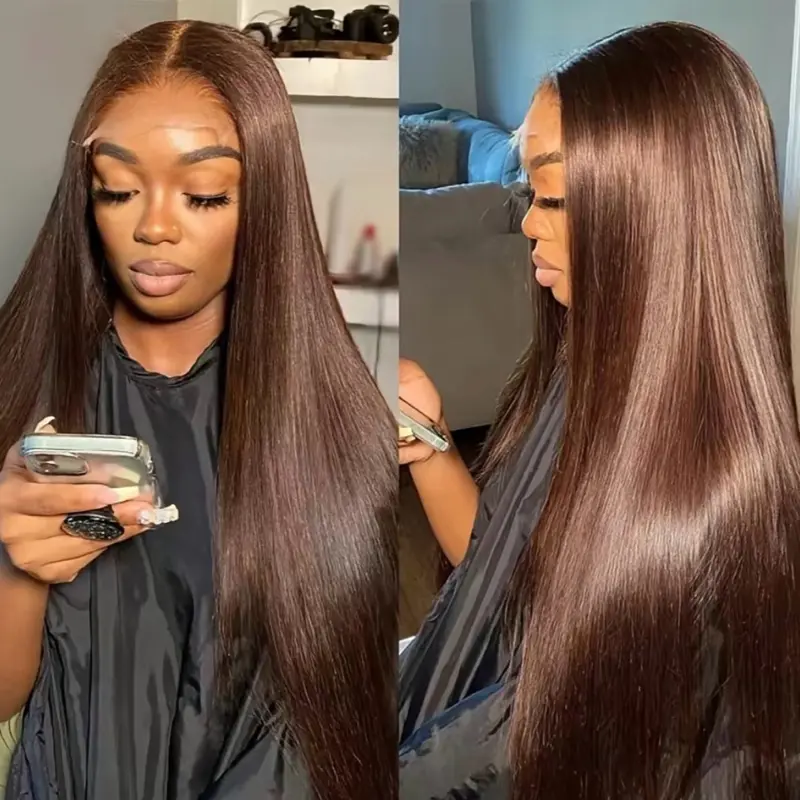 Hermosa 13x4 Chocolate Brown Lace Front Wig Human Hair with Baby Hair 180% Density Pre-Plucked Hairline 4# Brown Straight Lace Frontal Wig 26 Inch