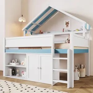 Full Size Loft Bed with Storage Cabinet and Canopy Roof, Solid Wood Low Loft Bed Frame