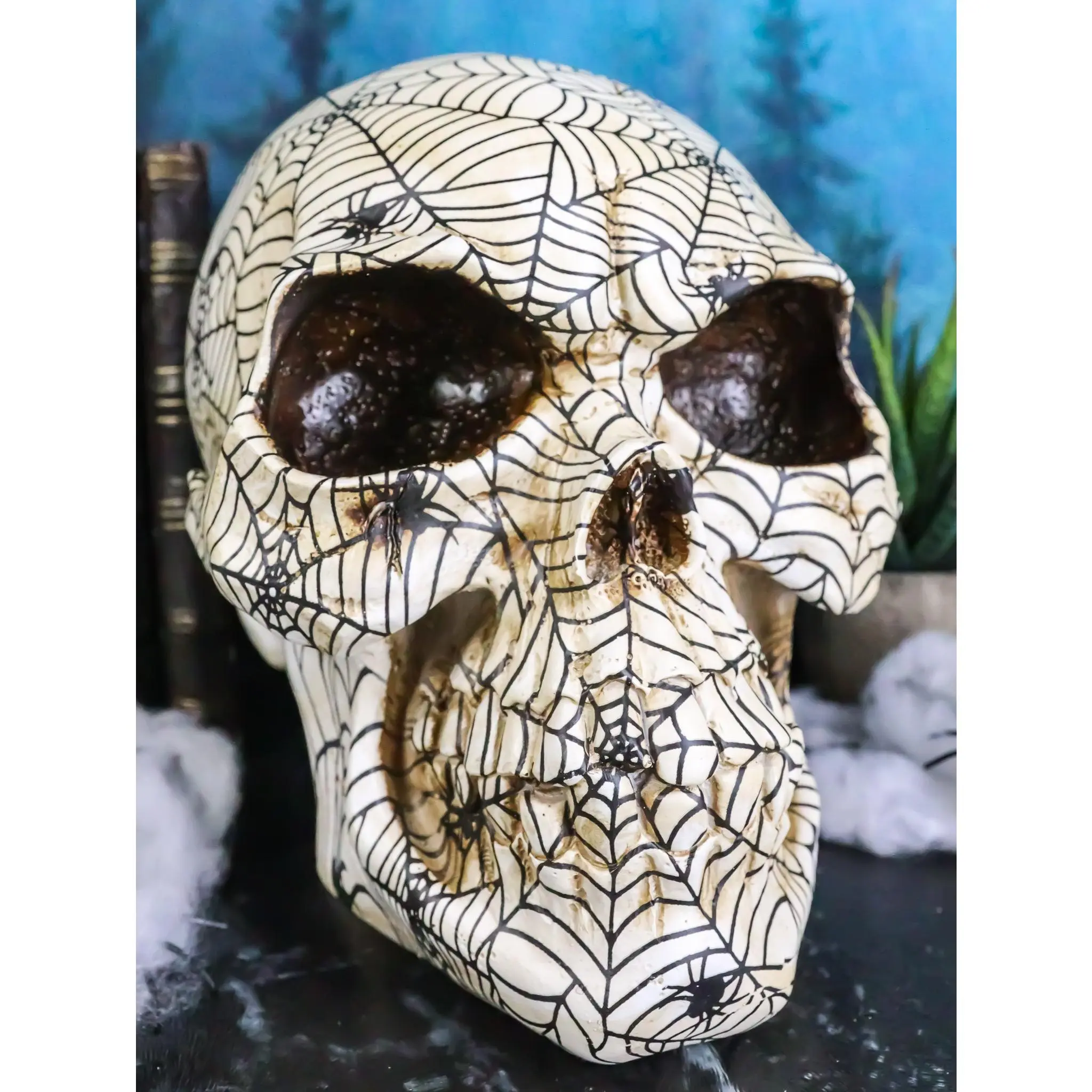 Creepy Crawler Tarantula Arachnid Spider With Cobwebs Skull Figurine Decor
