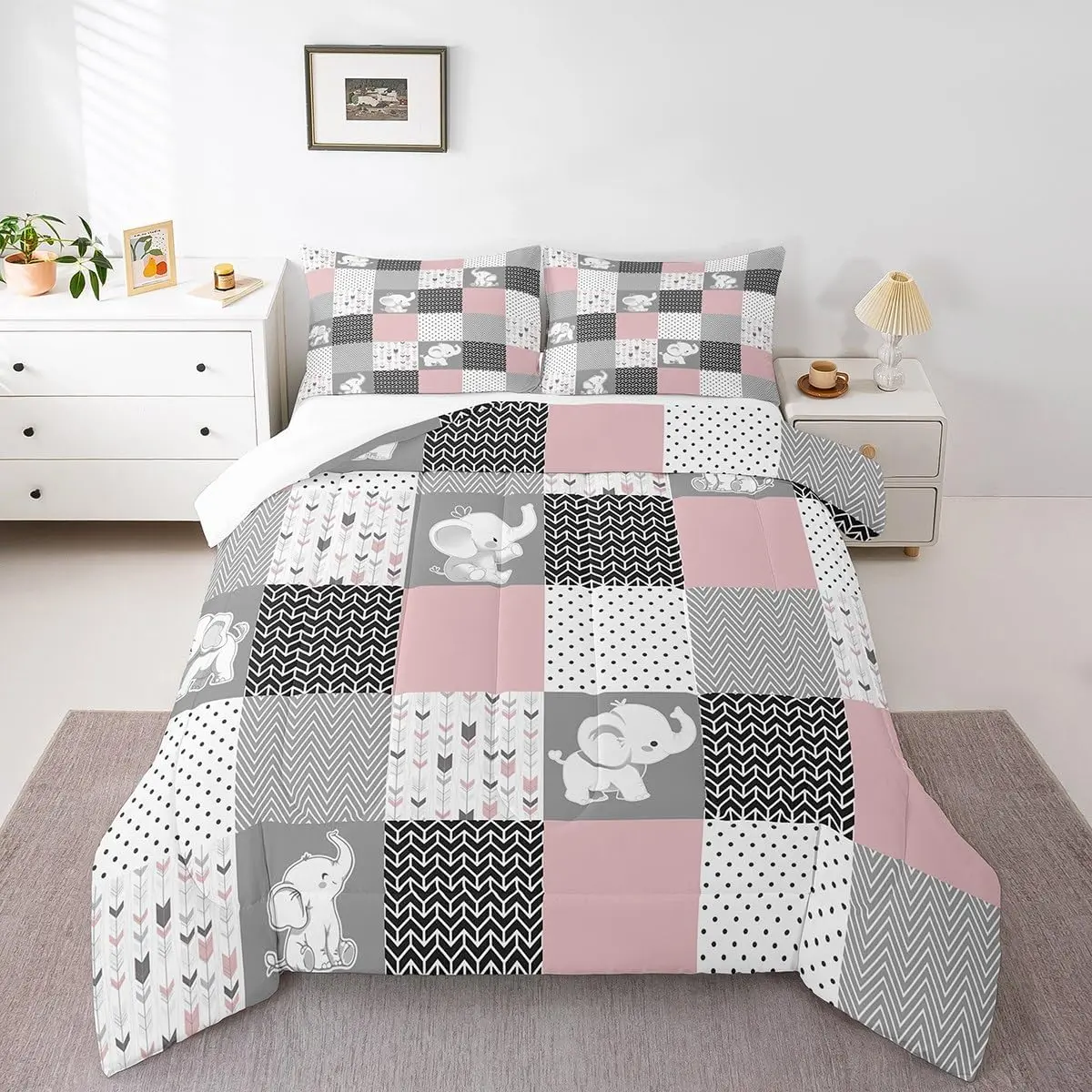 Cute Elephant Comforter Set Wavy Stripes Bedding Set Pink Grid Stripes Bedding Home Decor Comforter Kawaii Animals Quilted Duvet Set Comforter