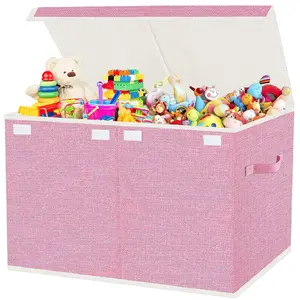 Large Collapsible Toy Storage Box with Lid & Handles, Kids Organizer Chest for Toys Clothes Blankets, Pink Storage Chest for Nursery Playroom Bedroom, Size 24.5''×13''×16''