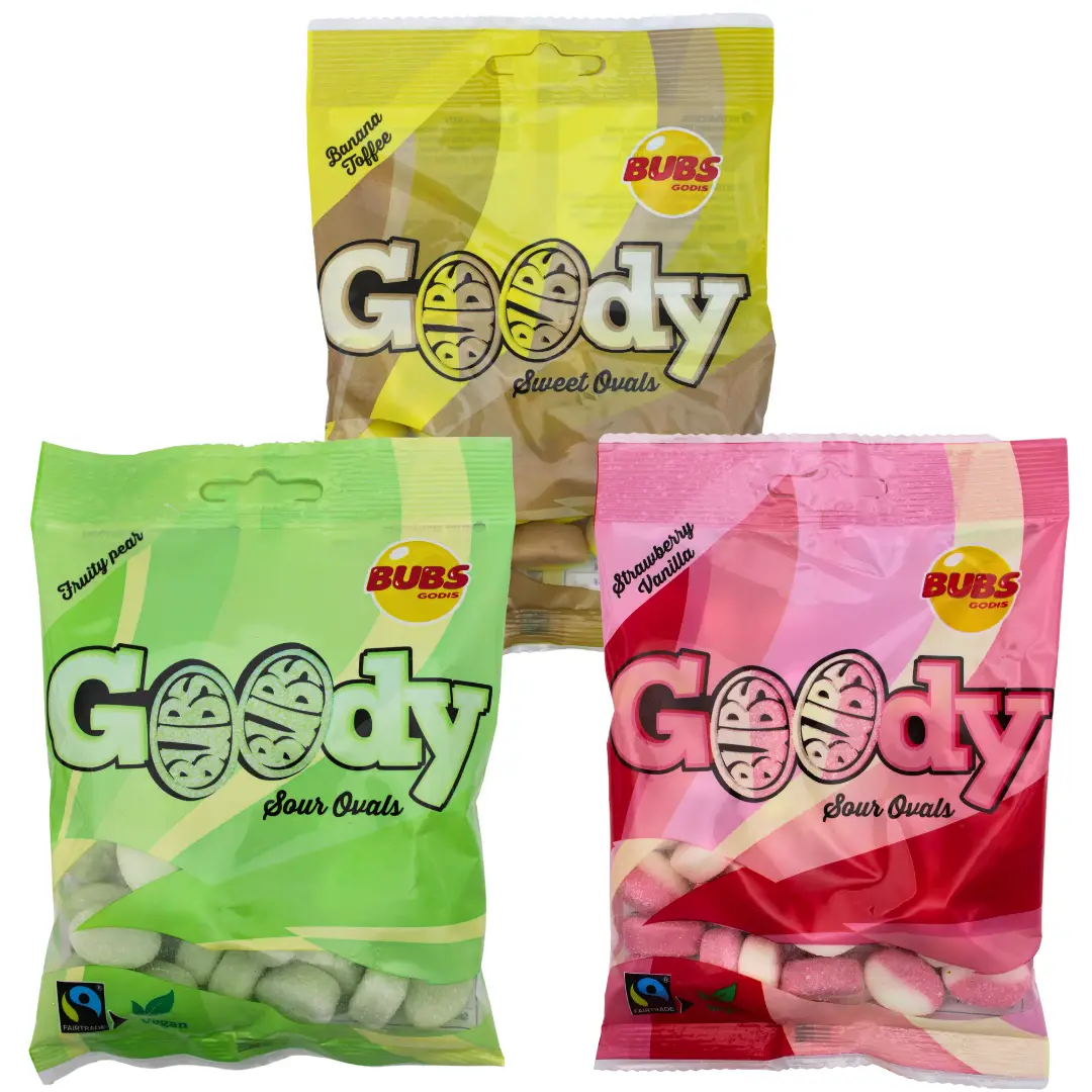 Bubs Swedish Goody Fruity Sampler 3pk - Bubs Goody Gummies - Strawberry Vanilla , Sour Fruity Pear , Banana Toffee - Bonbon - Snack Candies Bite cand