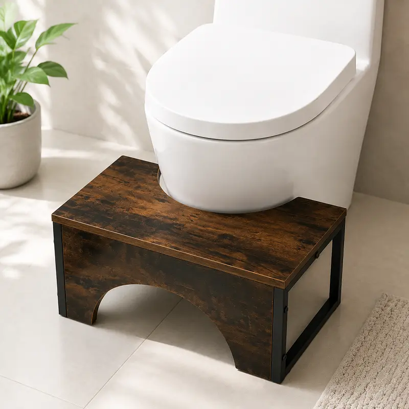Modern Bathroom Step Stool with Dark Wood Finish and Metal Frame for Comfortable Access to Toilet