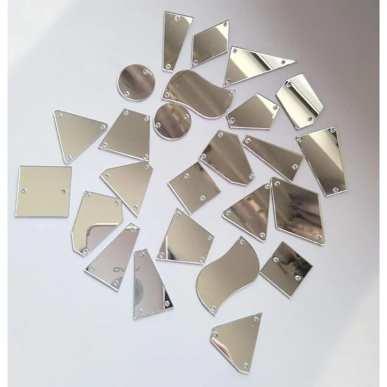 50PCS Silver Sew on Mirror Rhinestones Sew On Mirror Pieces with Holes Flat Back Acrylic Shiny Sew-on Stone for Dress Decoration (Mix Shapes, Silver Mirror)