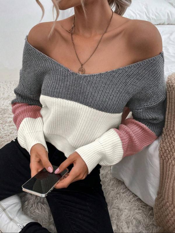 Elegant Off-Shoulder Colorblock Knit Sweater Top, Casual V Neck Twist Design, Spring & Fall Fashion, Fitted Medium Fabric, Knitwear Elegant Off-Shoulder Colorblock Knit Sweater Top, Casual V Neck Twist Design, Spring & Fall Fashion, Fitted Medium Fabric, Knitwear