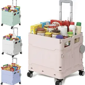 Extra Large Foldable Utility Cart with Lid, Heavy-Duty Rolling Crate on 360° Wheels, Collapsible Handcart with Telescoping Handle, Portable Shopping Trolley for Office, Travel, Groceries & Storage