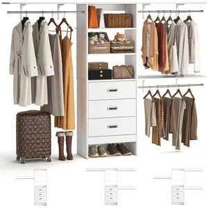 8FT Closet System, 96'' Closet Organizer System with 3 Hanging Rods, Wall Mount Bedroom Wardrobe with 3 Drawers Walk-in Closet, Adjustable Cloth Garment Rack from 5 to 8FT (Cut to Fit)
