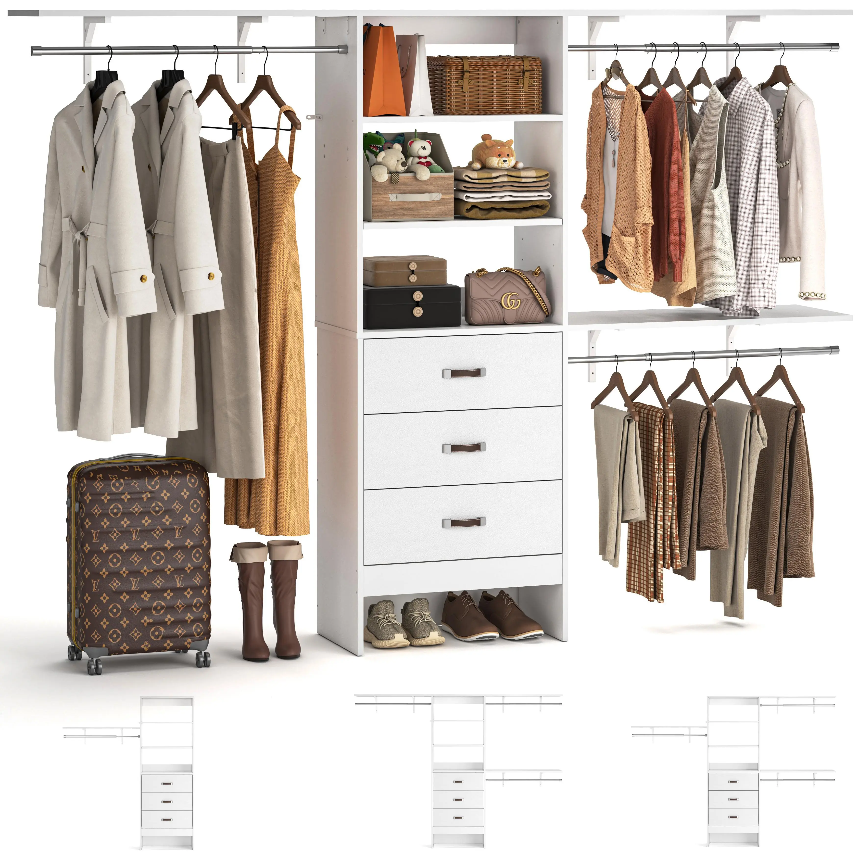 8FT Closet System, 96'' Closet Organizer System with 3 Hanging Rods, Wall Mount Bedroom Wardrobe with 3 Drawers Walk-in Closet, Adjustable Cloth Garment Rack from 5 to 8FT (Cut to Fit)