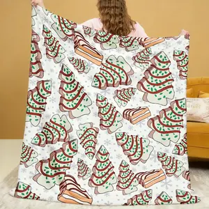 JOOCAR 1pc [Festive Christmas Blanket] Festive Christmas Tree & Cake-Shaped Throw Blanket Cozy Soft Flannel Shawl For Sofa Bed And Travel Holiday Design With Green Trees & Brown Cakes Perfect Gift 280gsm