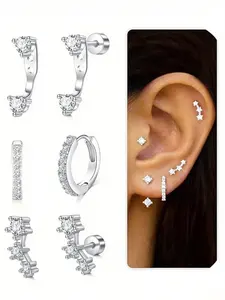 Women's Cubic Zirconia Stud Earring Jewelry Set, Stainless Steel Cartilage Hoops, Elegant Stackable Design High Quality Earrings, Perfect for Parties & Daily Wear