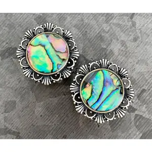 PAIR of Stunning Abalone Antique Silver Flower Double Flare Tunnels/Plugs - Gauges 2g (6mm) thru 5/8" (16mm)
