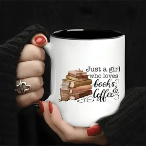 Ceramic Mug Featuring "Just a Girl Who Loves Books and Coffee" Design with Stack of Books and Coffee Beans Ideal Easter Gift for Women Book and Coffee Enthusiasts Dishwasher Safe Reusable No Assembly Needed