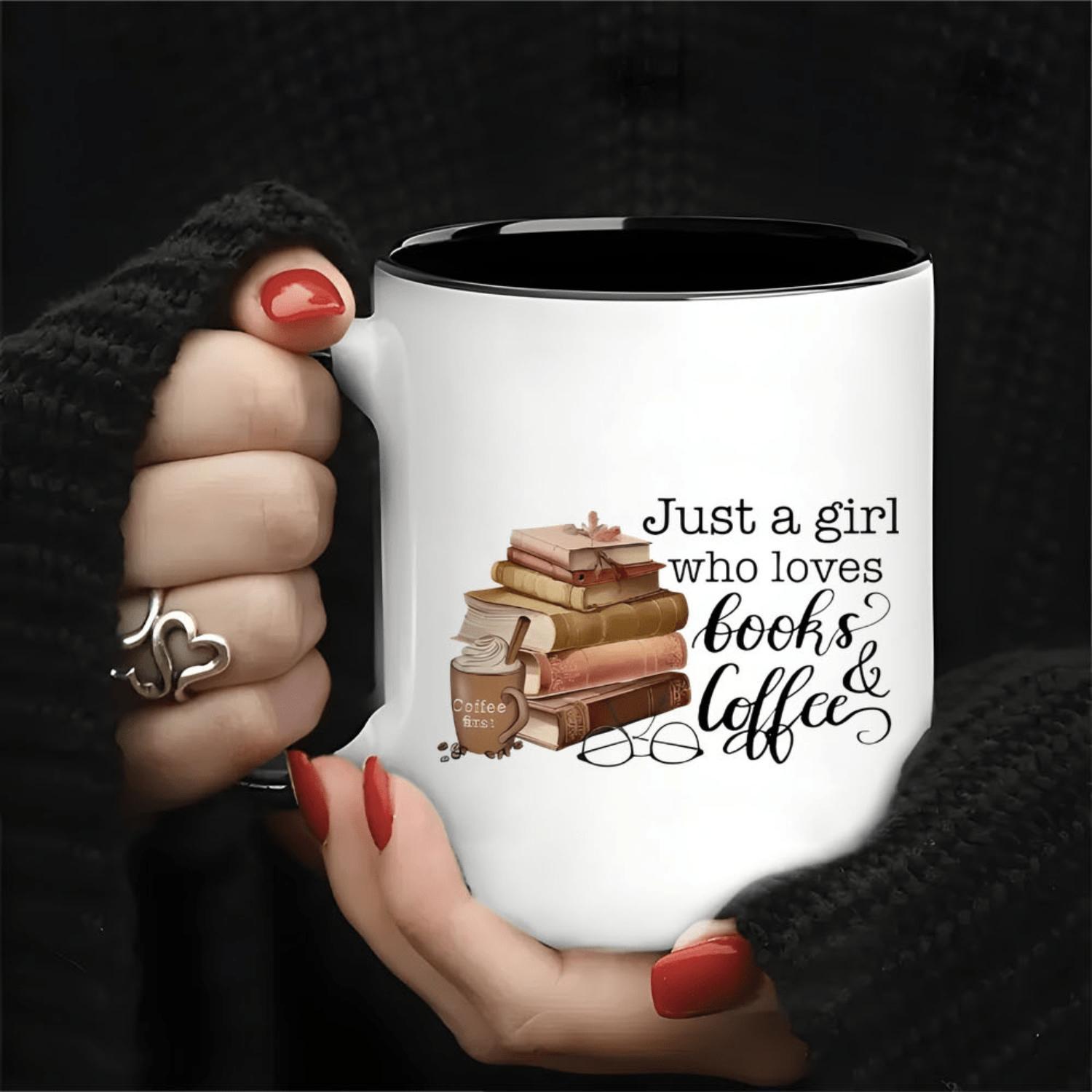 1pc 11oz Ceramic Coffee Mug - "Just a Girl Who Loves Books & Coffee" Design with Stacked Books & Coffee Beans, Dishwasher Safe, Reusable, No Assembly Required - Ideal Easter Gift for Readers, Women, Book Lovers, Coffee Bar Supplies, Reader's Favorite