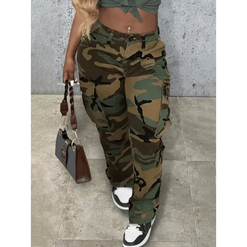 Women's Wide Leg Camo Cargo Pants, Army Fatigue Sweatpants with Flap Pockets, Streetwear for Sports & Outdoor Activities